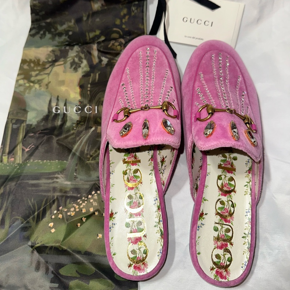 Gucci Princetown Pink Suede Women's Mule with Embellishments